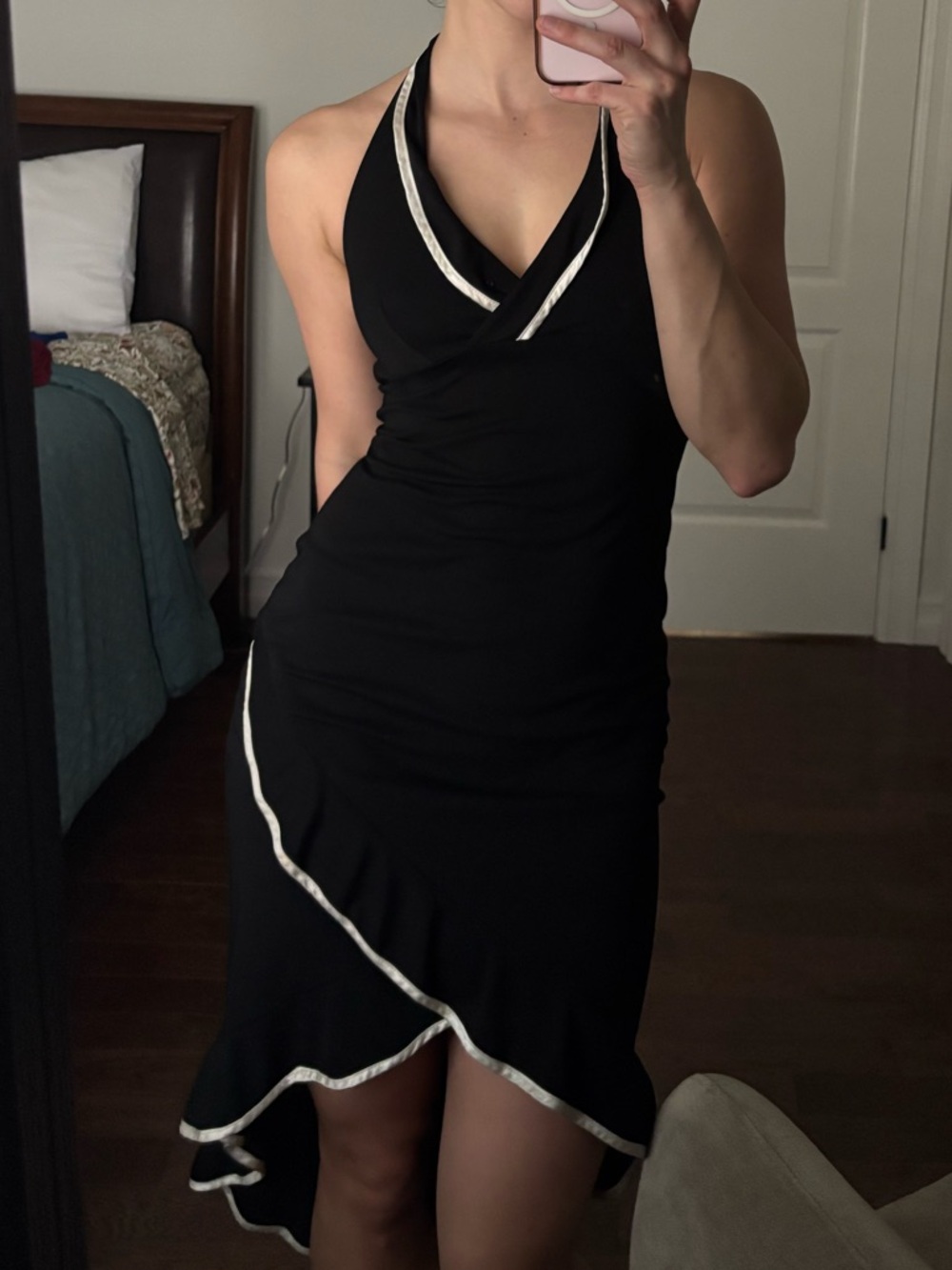 Vintage Black Halter Wrap Dress with White Trim